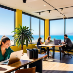**

A vibrant, sun-drenched coworking space in Santa Monica, California. Open plan layout with freelancers working on laptops. In the background, a rooftop terrace offers stunning ocean views. Include some palm trees. The atmosphere should be casual and collaborative.

**