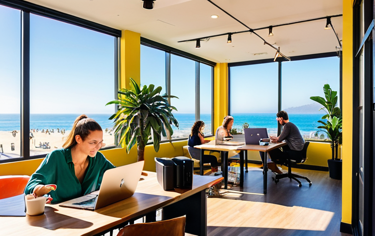 **
A vibrant, sun-drenched coworking space in Santa Monica, California. Open plan layout with freelancers working on laptops. In the background, a rooftop terrace offers stunning ocean views. Include some palm trees. The atmosphere should be casual and collaborative.
**