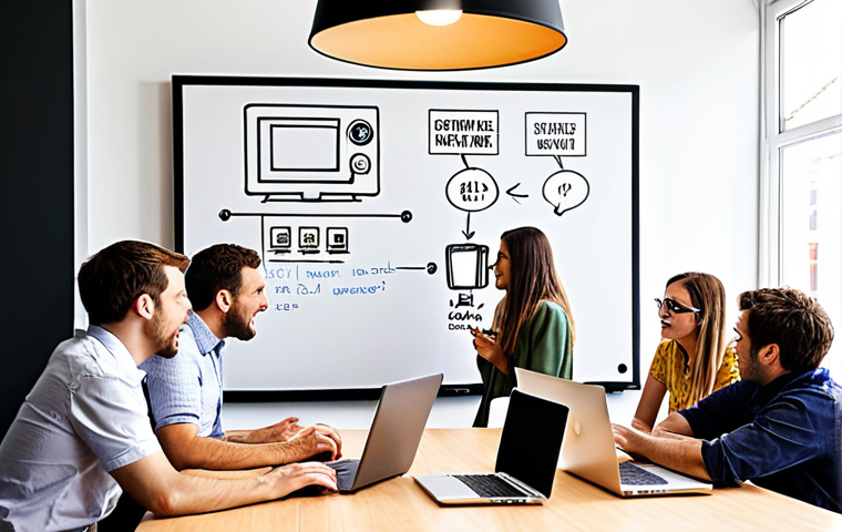 **
A fly-on-the-wall perspective of a modern coworking space. Capture the scene as if observing unnoticed: people casually brainstorming near a whiteboard, some engaging in impromptu chats by the coffee machine, others focused on laptops. Emphasize the non-verbal cues like eye contact, leaning in during conversations, and personalization of workspaces. The atmosphere should be vibrant and collaborative.
**