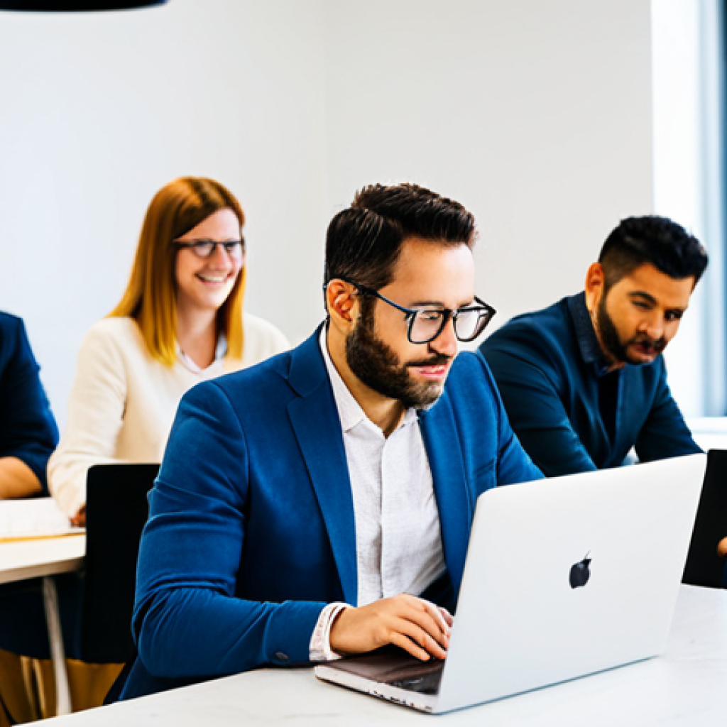 코워킹 스페이스의 활용 사례 연구 - **Prompt:** A bright and modern coworking space filled with diverse professionals working on laptops...