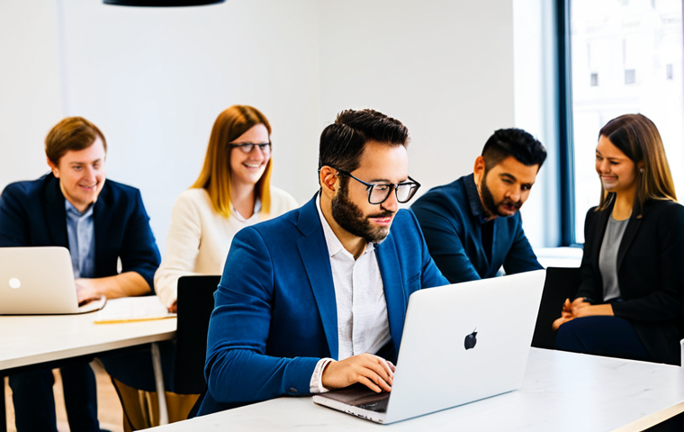 코워킹 스페이스의 활용 사례 연구 - **Prompt:** A bright and modern coworking space filled with diverse professionals working on laptops...