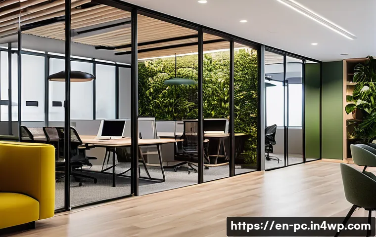 코워킹 스페이스의 다양한 유형 소개 - A modern coworking space featuring a quiet focus zone with soundproof glass pods and private booths....