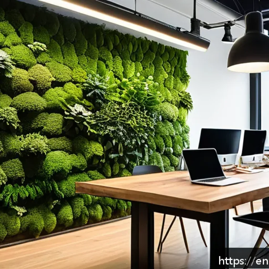 2023년 코워킹 스페이스 디자인 경향 - A modern coworking space featuring biophilic design elements: lush green living moss walls, large fl...