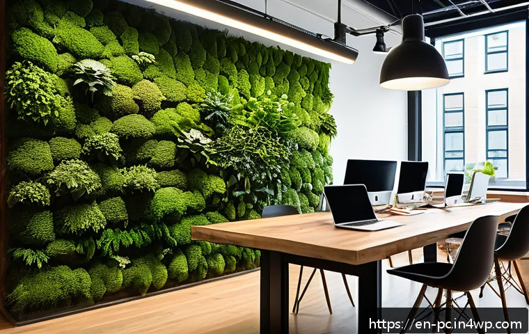 2023년 코워킹 스페이스 디자인 경향 - A modern coworking space featuring biophilic design elements: lush green living moss walls, large fl...