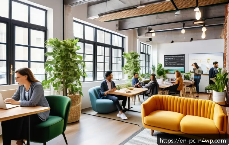 코워킹 스페이스와 지역 경제의 상관관계 - A vibrant coworking space interior filled with diverse professionals including designers, developers...