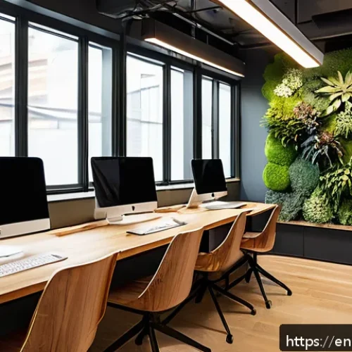 코워킹 스페이스의 인테리어 변화 트렌드 - A modern coworking interior featuring biophilic design elements: lush green plants and living walls ...