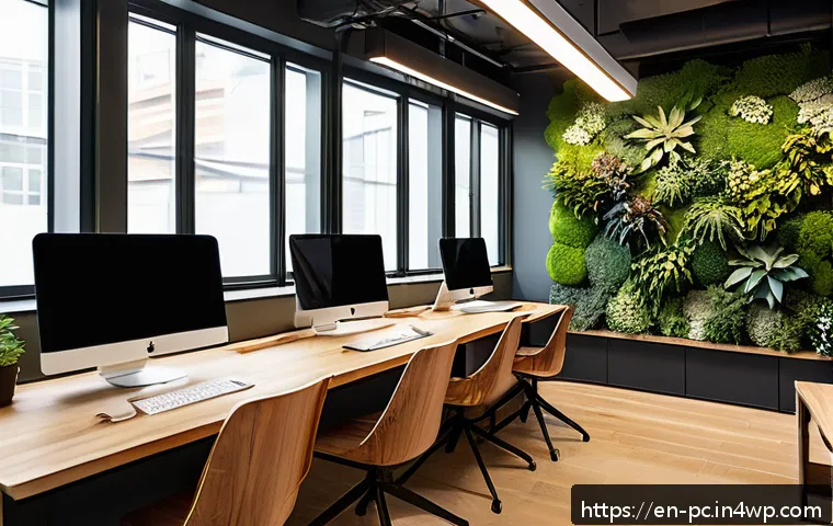 코워킹 스페이스의 인테리어 변화 트렌드 - A modern coworking interior featuring biophilic design elements: lush green plants and living walls ...
